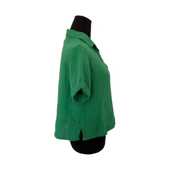 Old Navy Crinkle Gauze Button Down Shirt Green Loose Fit Short Sleeve NWT XS - Picture 6 of 11